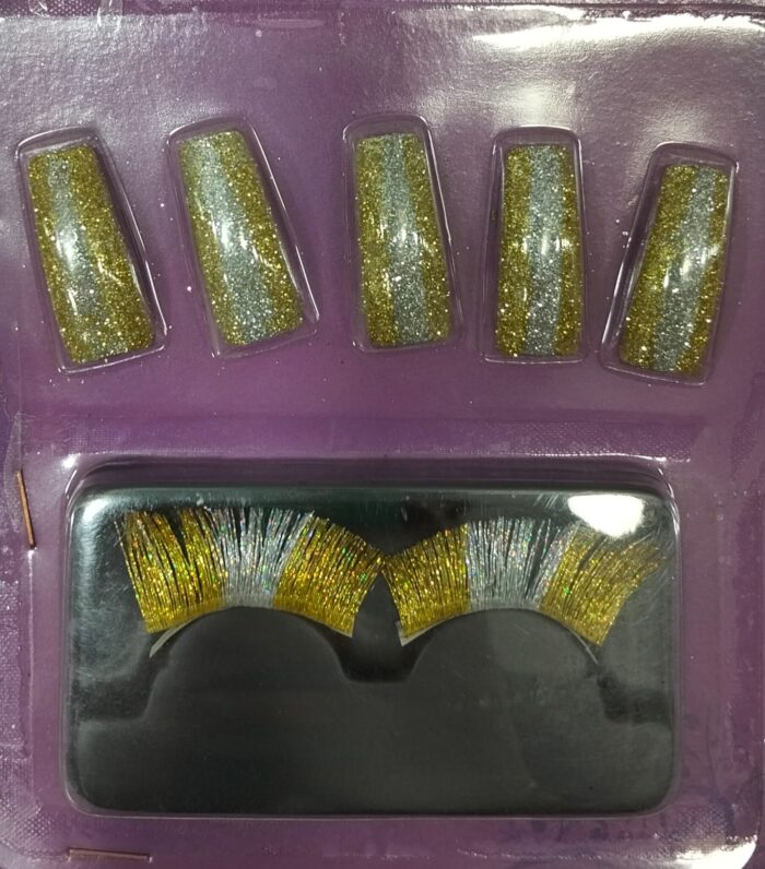 Pestañas Y Uñas Postizas Doradas Y Plateadas