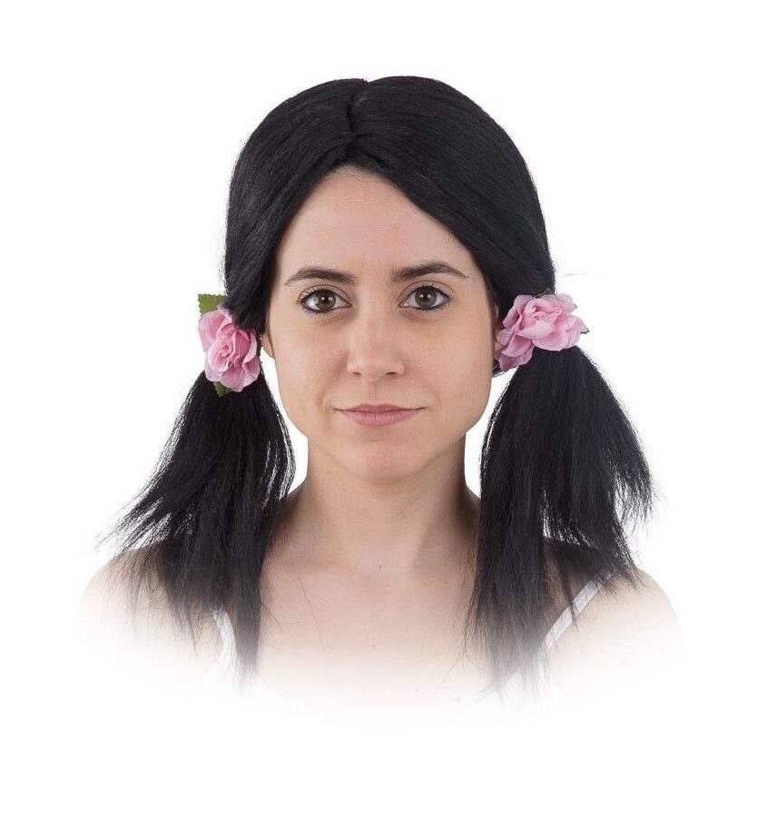 peluca coletas negras co flores para adulto