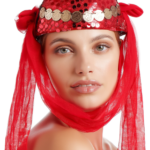 Gorro arabe con monedas y tul rojo
