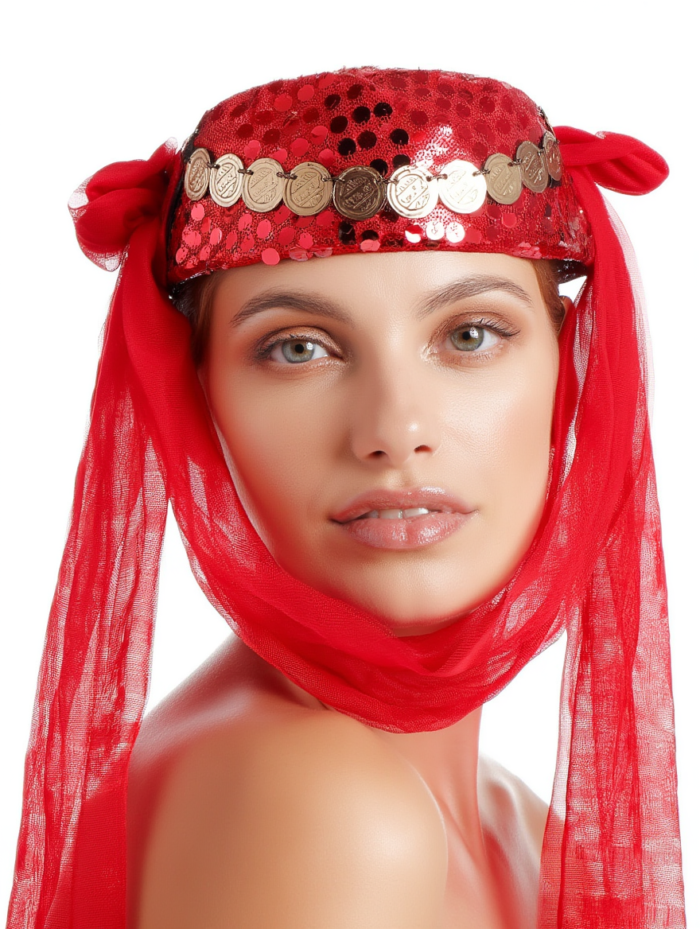 Gorro arabe con monedas y tul rojo